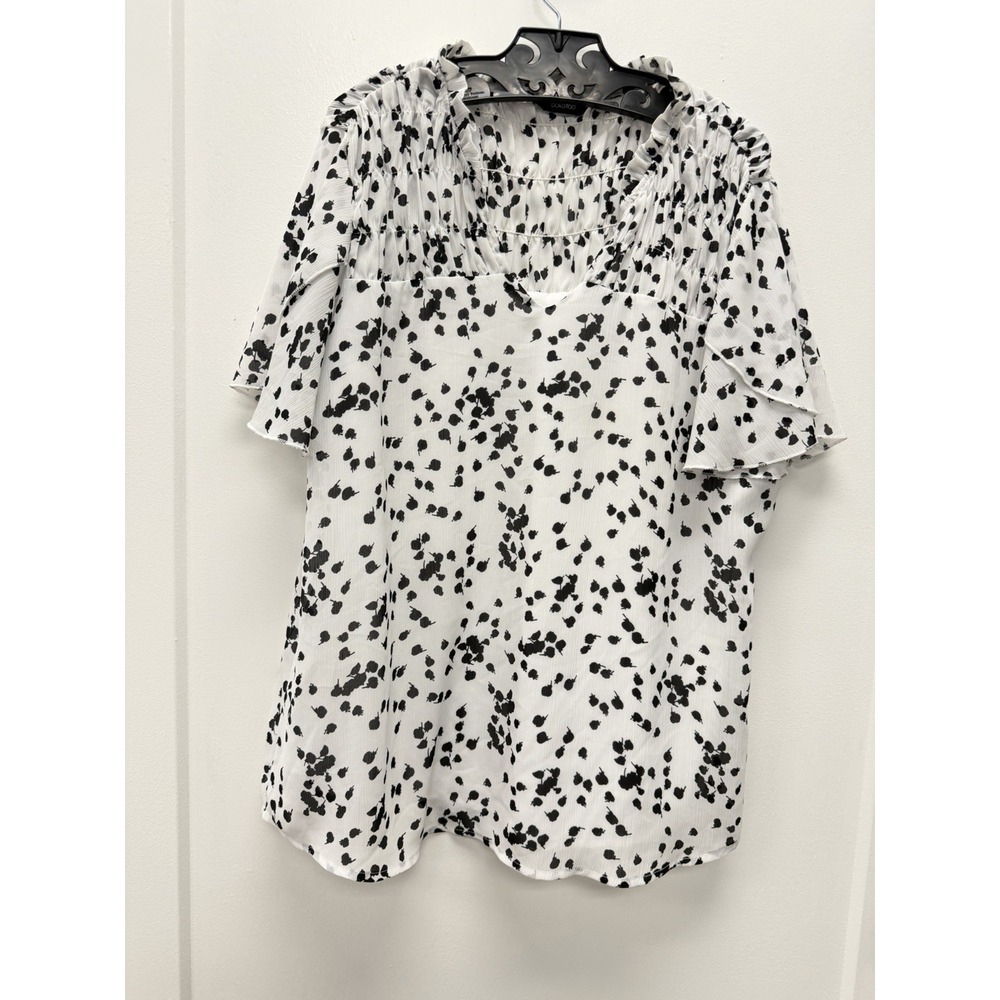 Women's White Black Abstract Floral Spot Print Smocked Flutter Sleeve Blouse Med